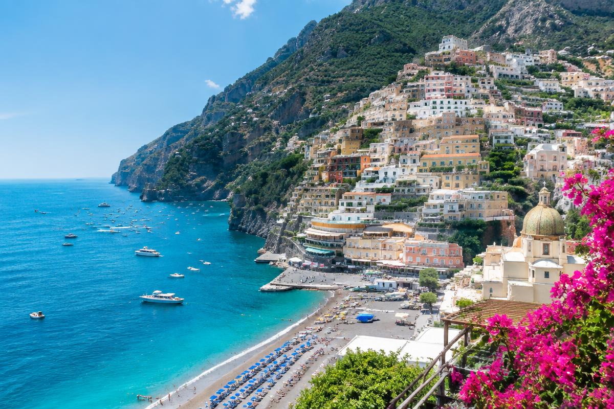 Colourful houses on the Amalfi coast above the sea