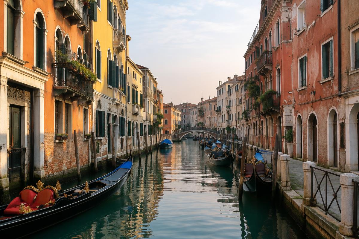 A quiet canal with gondolas in Venice